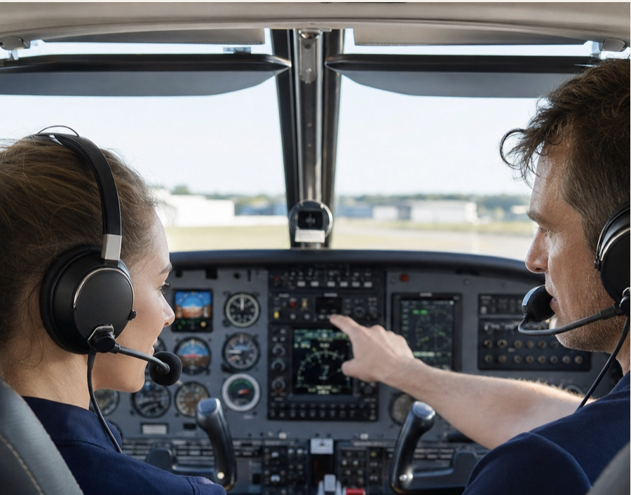 Flugschülerin und Fluglehrer im Cockpit
